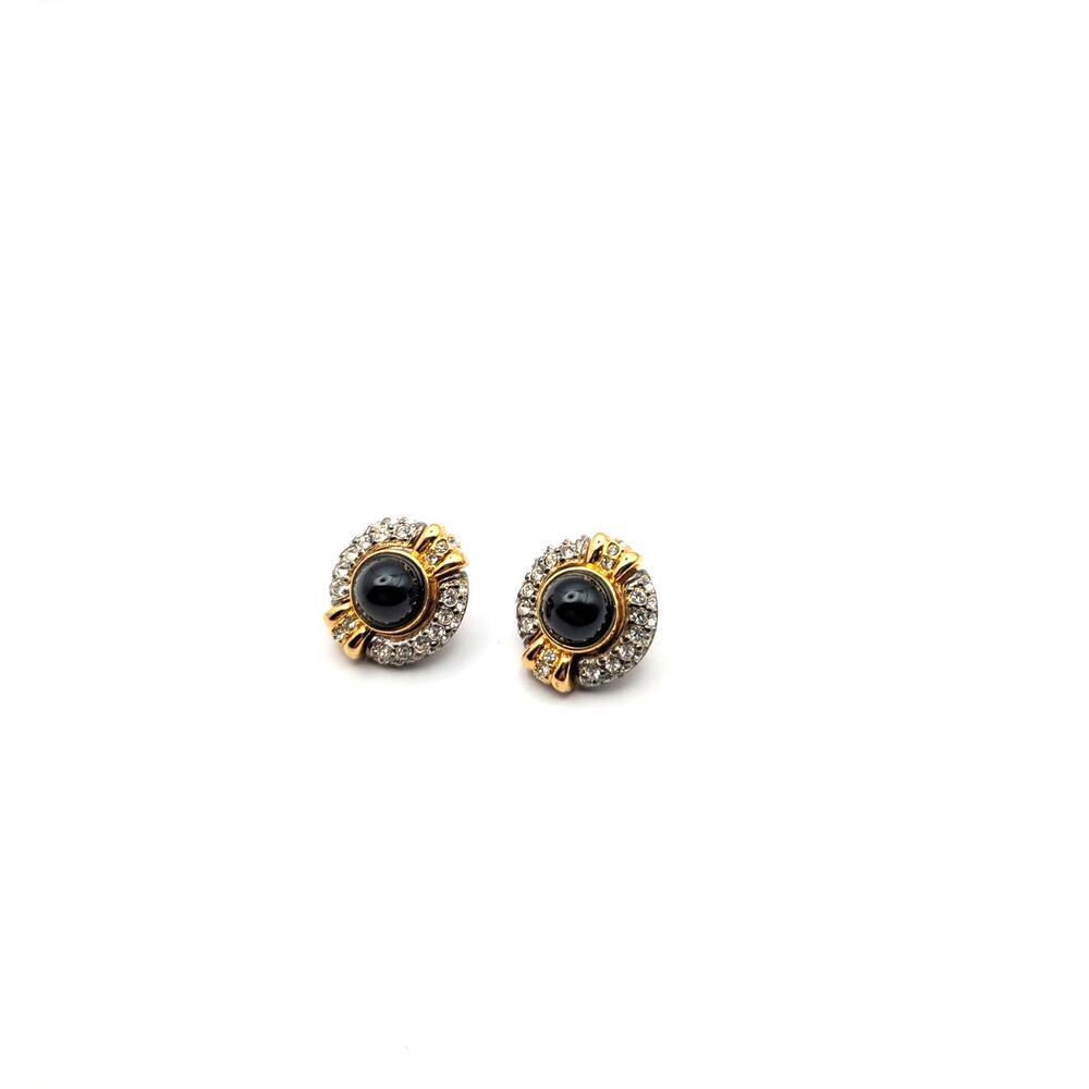 Jesara Vintage Gold Black Glass Cabochon Statement Clip On Earrings - Picture 8 of 10